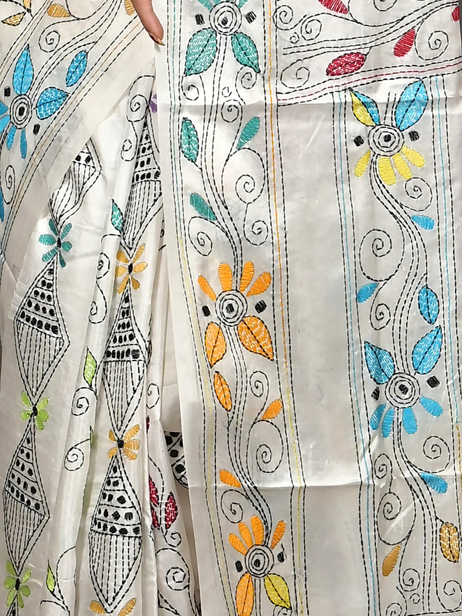 White Cotton Bolpur Kantha Stitch Saree (20)